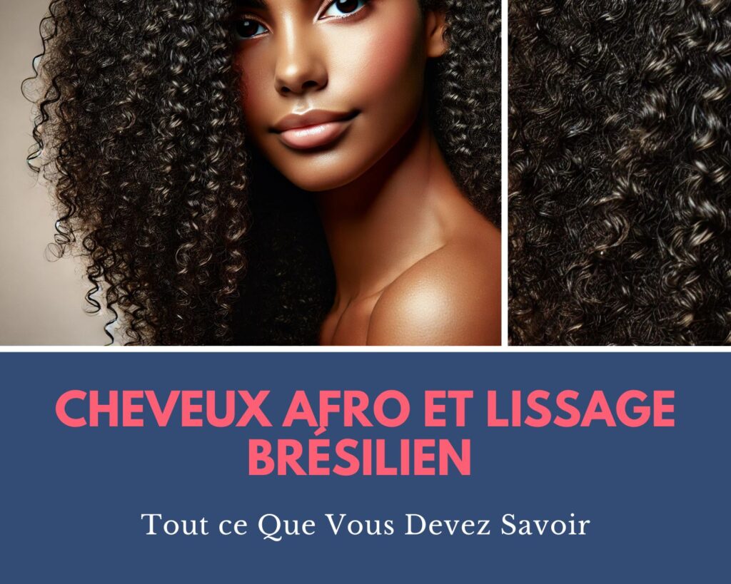 Image d'une femme aux cheveux afro lissés avec un traitement brésilien à la kératine, montrant une texture lisse et brillante. Le fond neutre met en valeur la beauté de ses cheveux, lisses et bien définis après le soin.